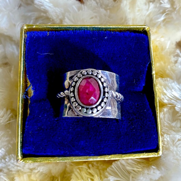 Jewelry - Genuine Red Ruby Wide Band Hammered Sterling Silver Ring.
